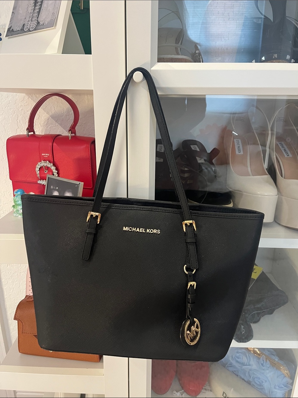 Michael Kors Black Leather Small Tote with Gold Hardware